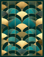Art Deco Fan Patterned Teal Gold Rug