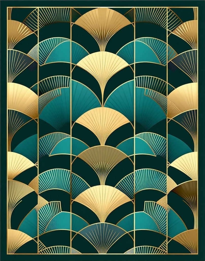 Art Deco Fan Patterned Teal Gold Rug
