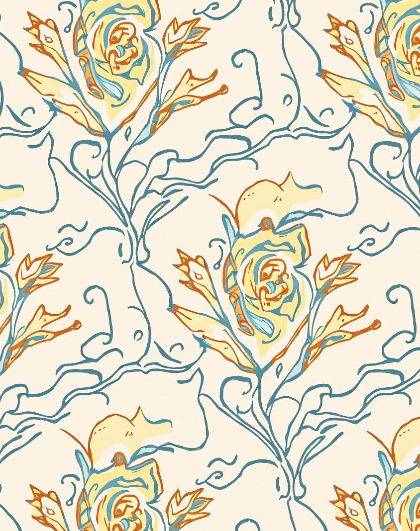 Stylized Floral Vine Pattern With Yellow Roses Rug