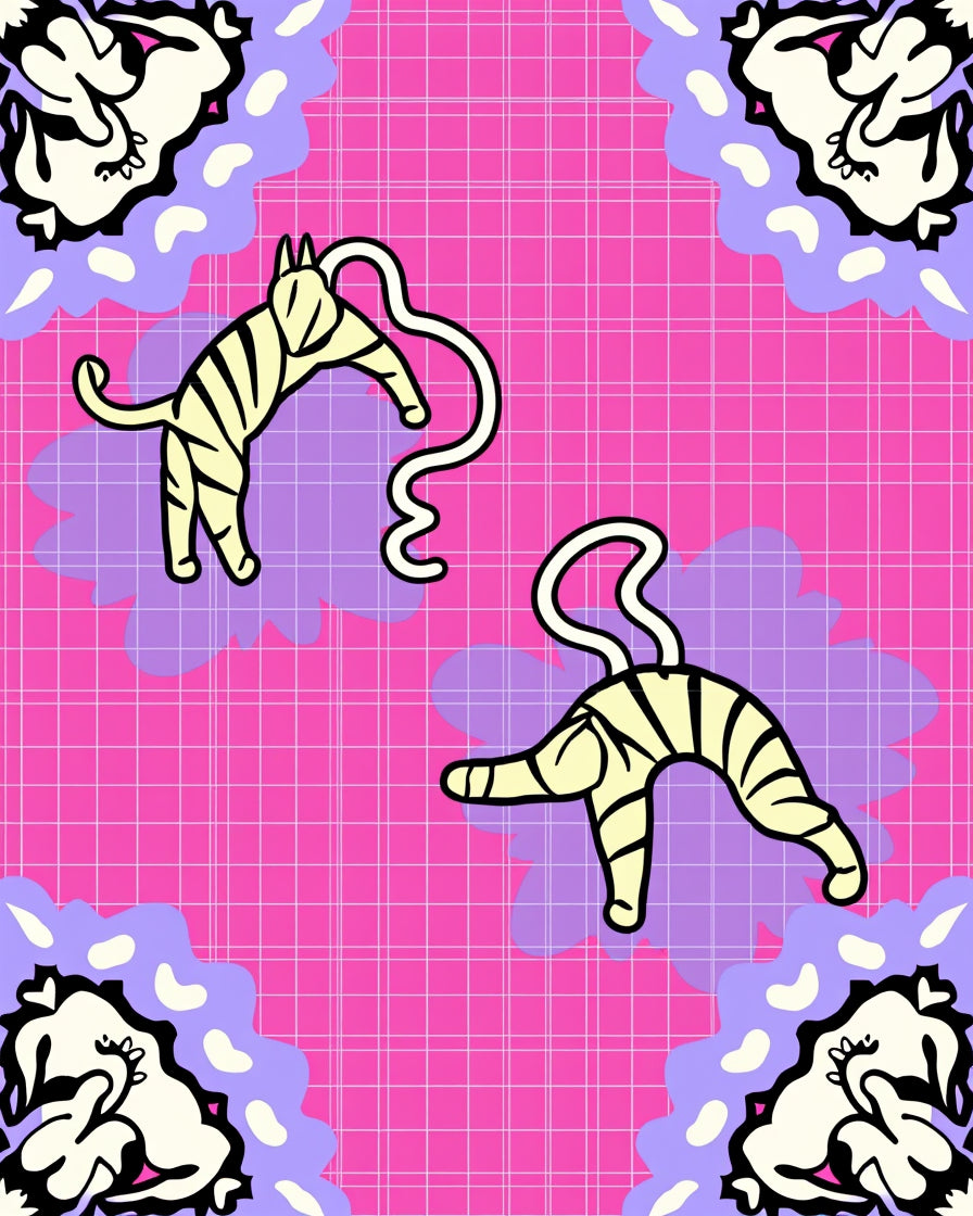 Playful Tigers On Pink Grid Design Rug