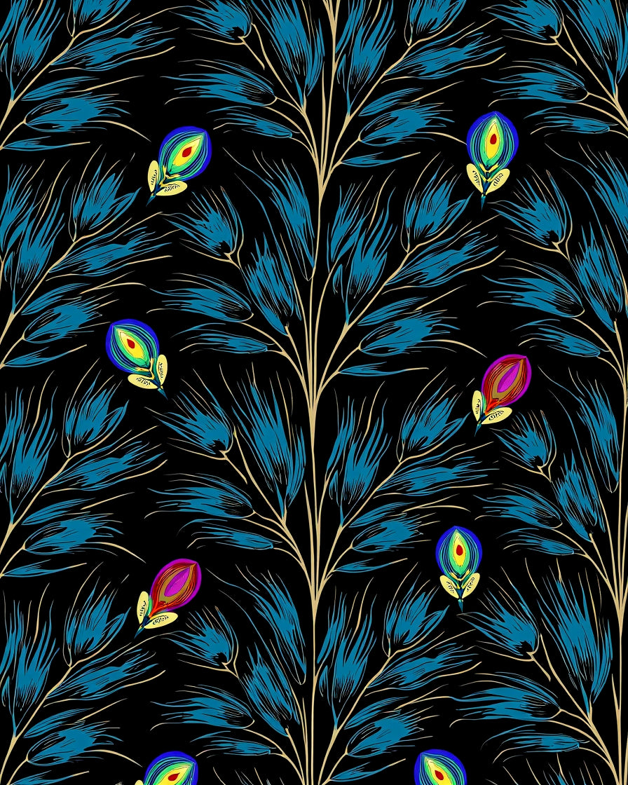 Elegant Blue Feather And Floral Pattern Rug