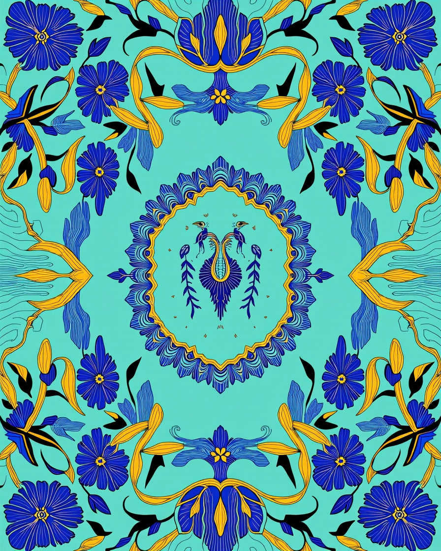 Bold Blue Yellow Floral Mandala Design Rug