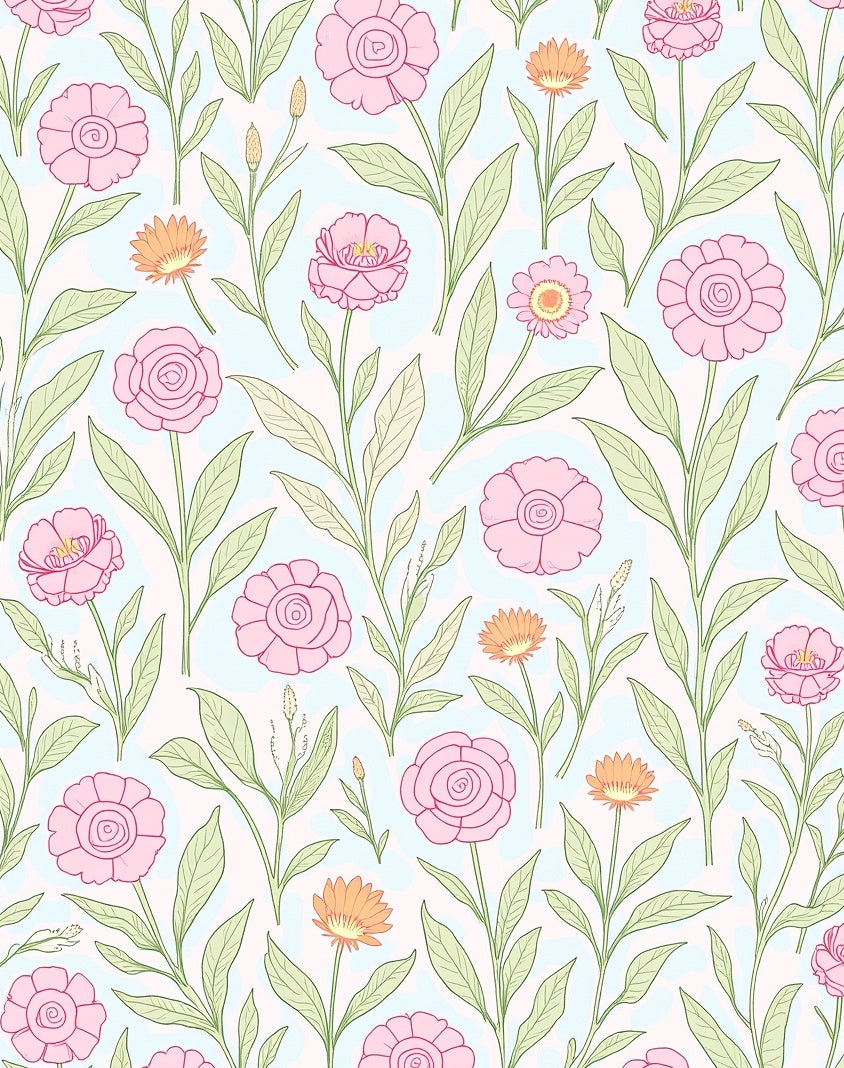 Pink Orange Floral Botanical Pattern Rug