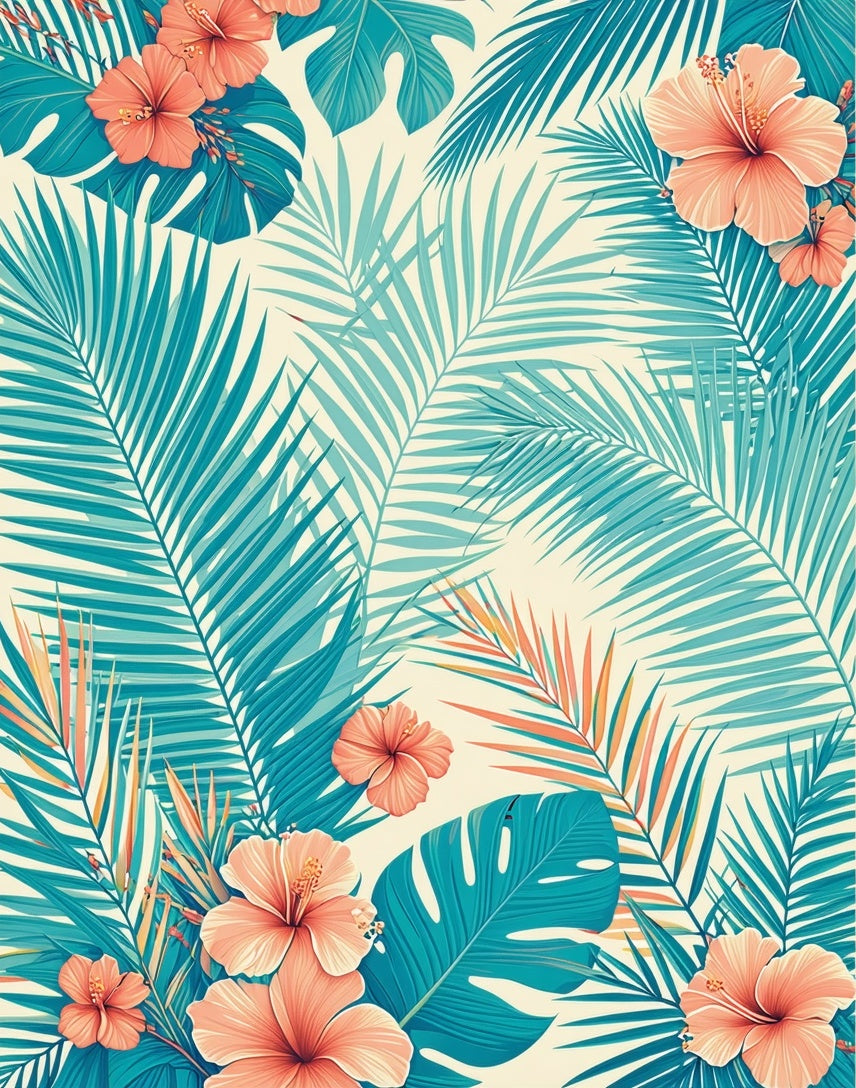 Tropical Hibiscus Palm Leaf Design Rug