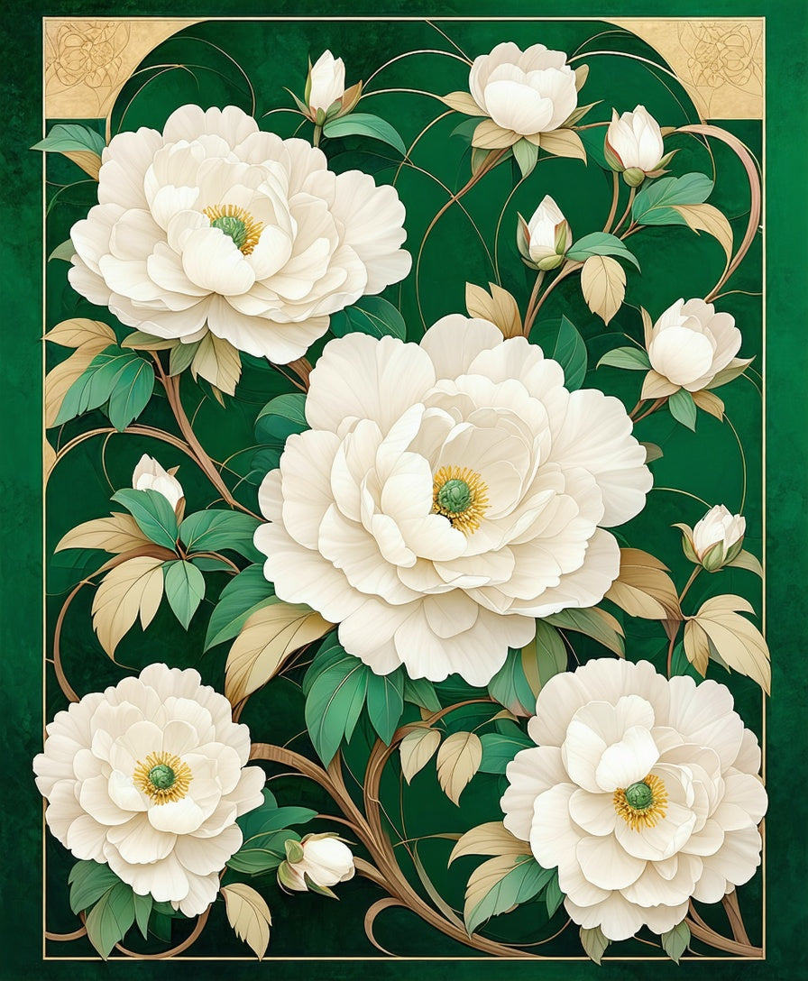 White Peony With Green Emerald Accents Rug