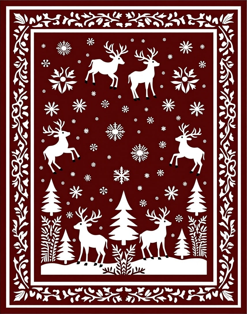 Christmas Deer Snowflake Forest Scene Rug