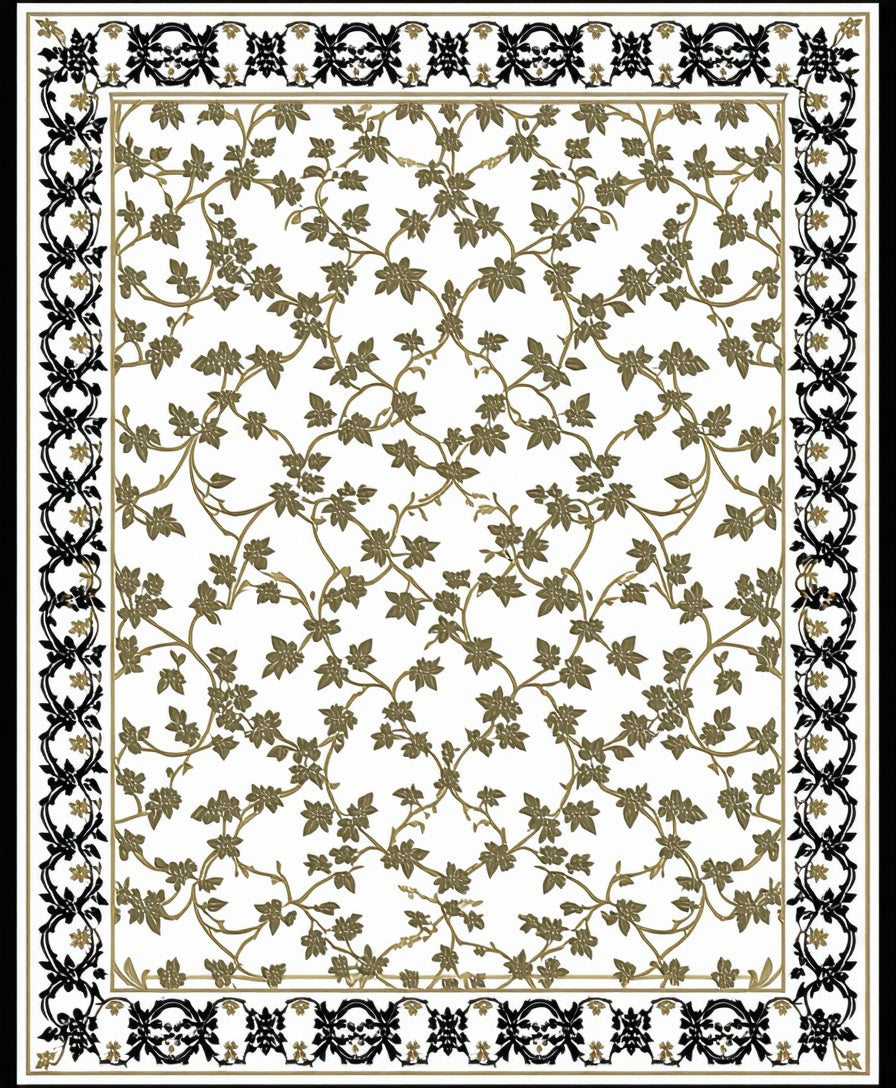 Golden Floral Vines with Black Border Rug