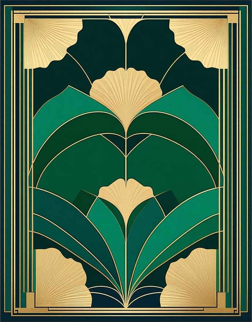 Art Deco Green Gold Leaf Pattern Rug