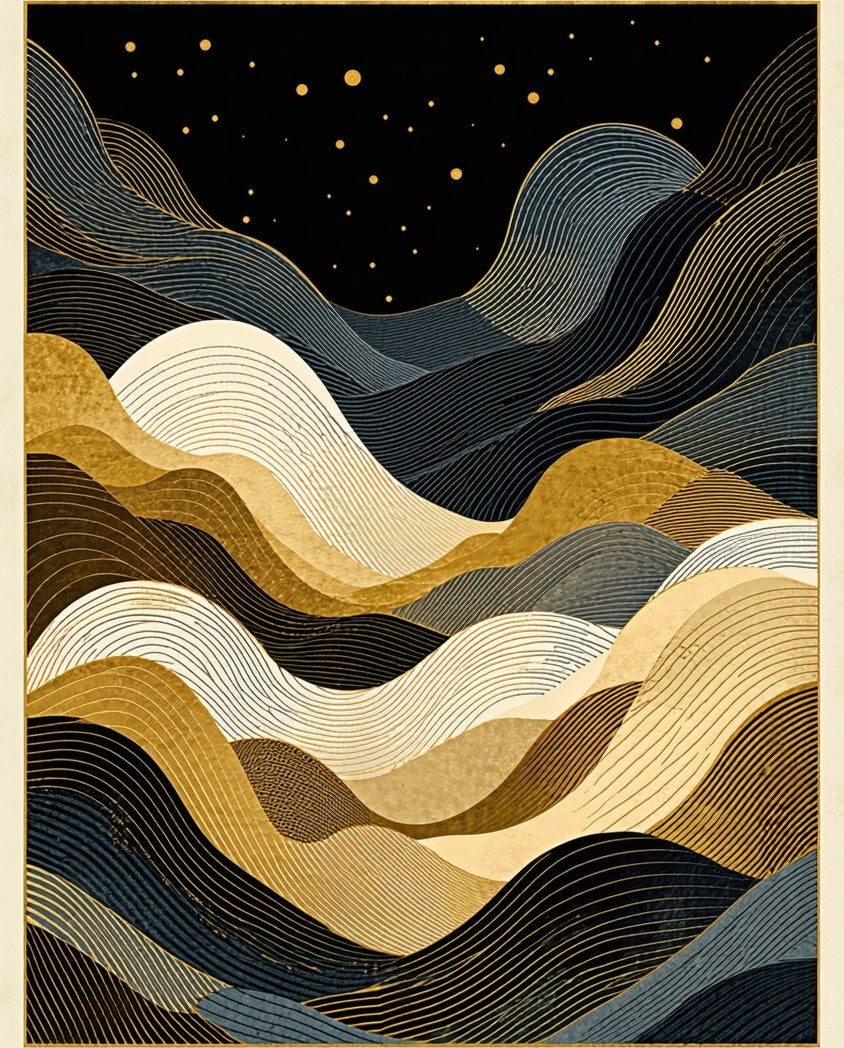 Abstract Wavy Gold Dark Lines Rug