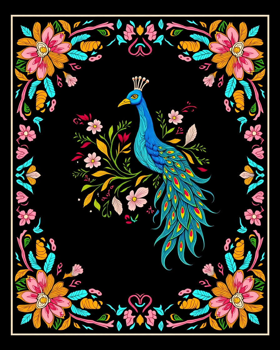Vibrant Peacock Floral Frame Design Rug