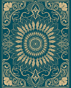 Intricate Teal Golden Mandala Design Rug
