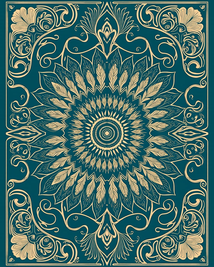 Intricate Teal Golden Mandala Design Rug