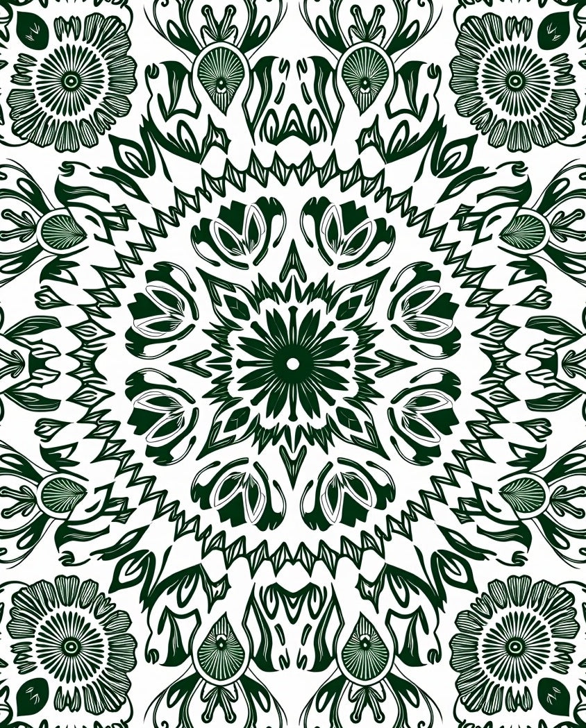 Dark Green Medallion Mandala Symmetry Rug