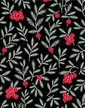 Black Vintage Red Berry Pine Sprigs Rug