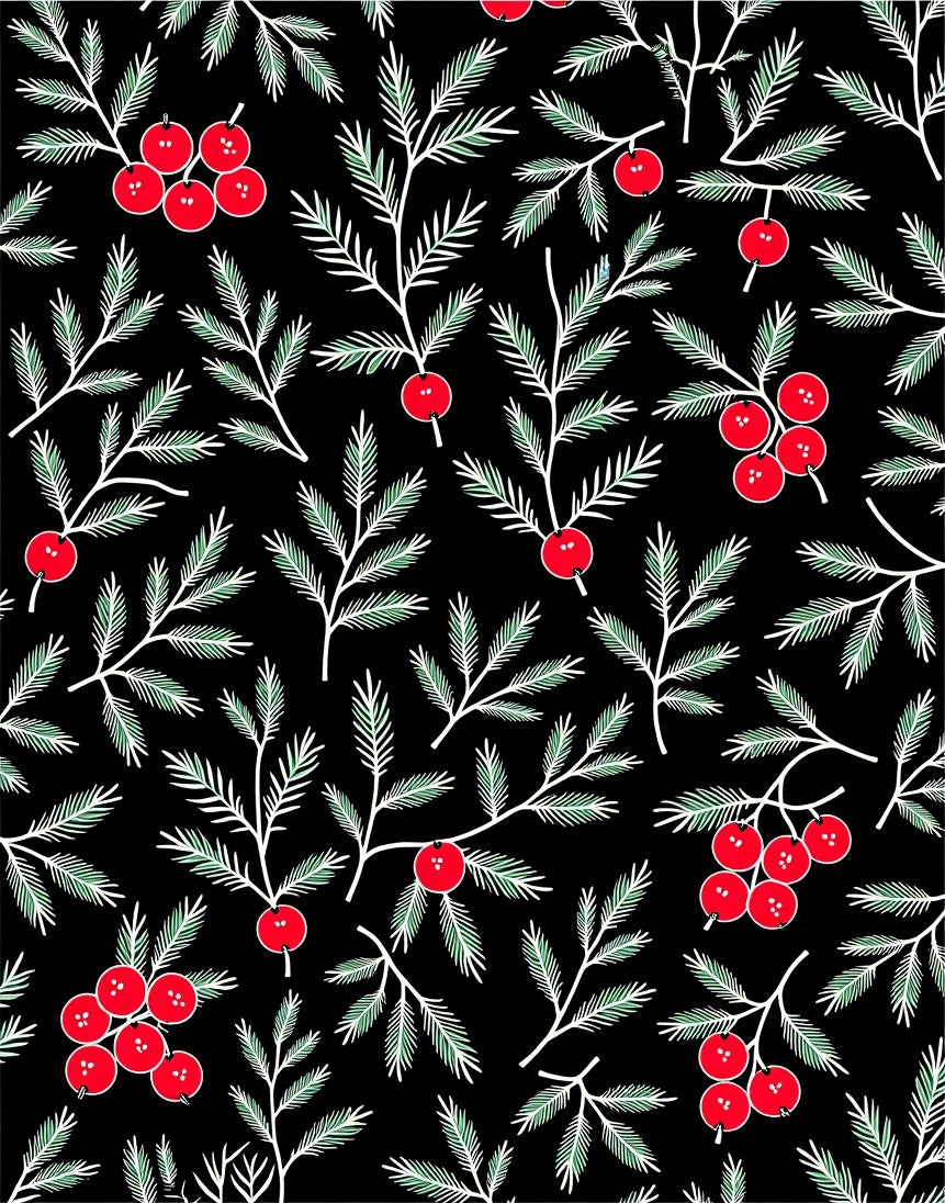 Black Vintage Red Berry Pine Sprigs Rug