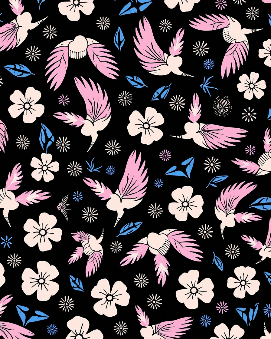 Pink Bird and Flower Pattern Rug
