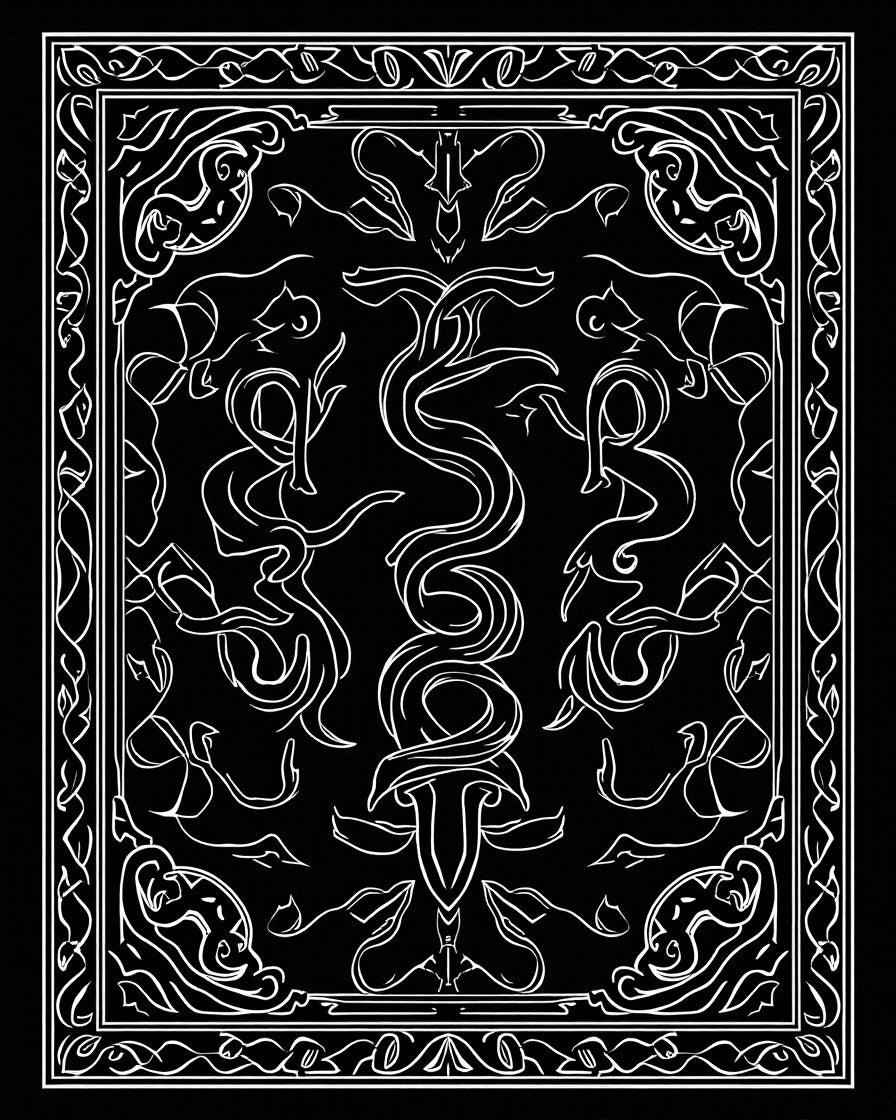 Ornate White Swirls and Serpent Pattern Rug