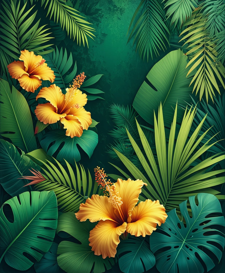 Tropical Hibiscus Palm Leaf Design Rug