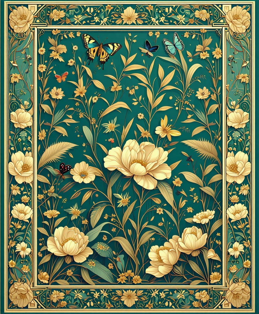 Elegant Teal Floral Butterfly Meadow Rug