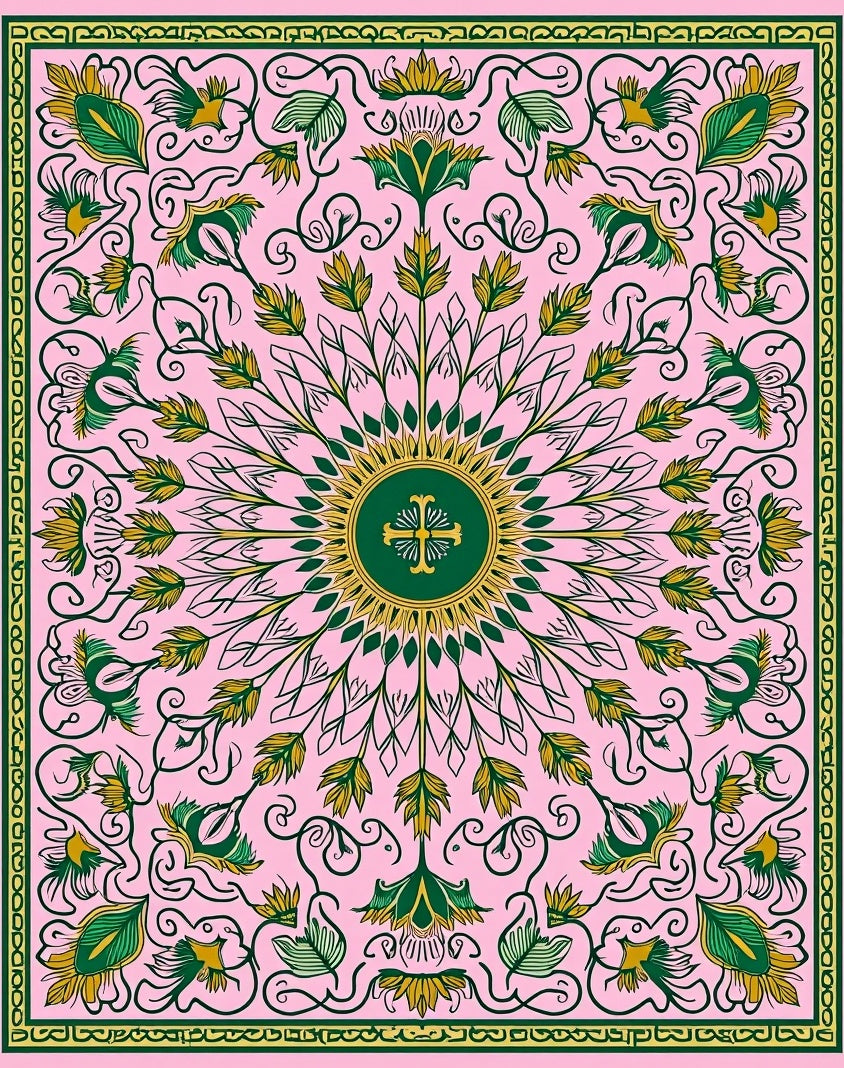Delicate Floral Scroll Pink Green Rug