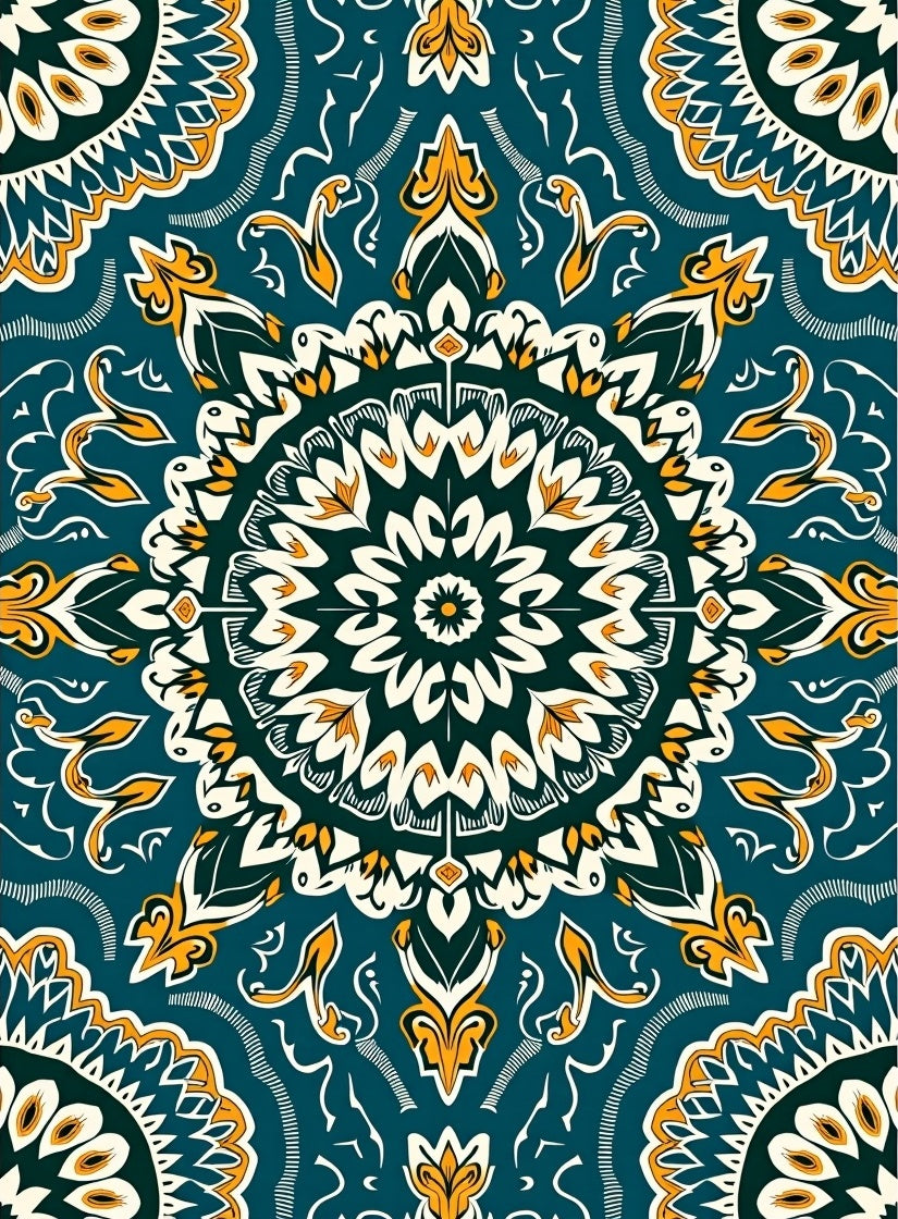 Teal White Gold Burst Mandala Rug