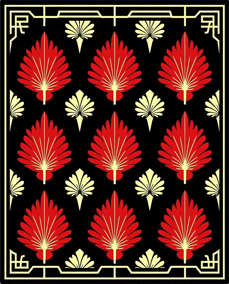 Red Yellow Fan Leaf Border Rug
