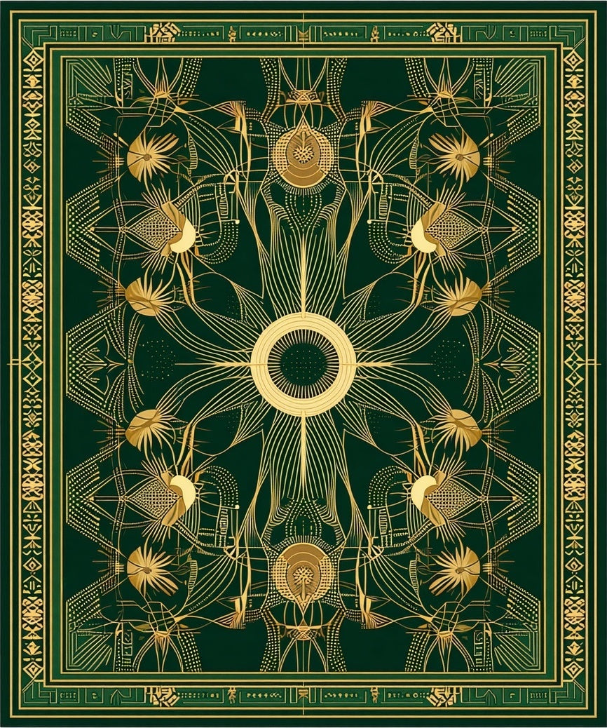 Ornate Emerald Sunburst Geometric Design Rug