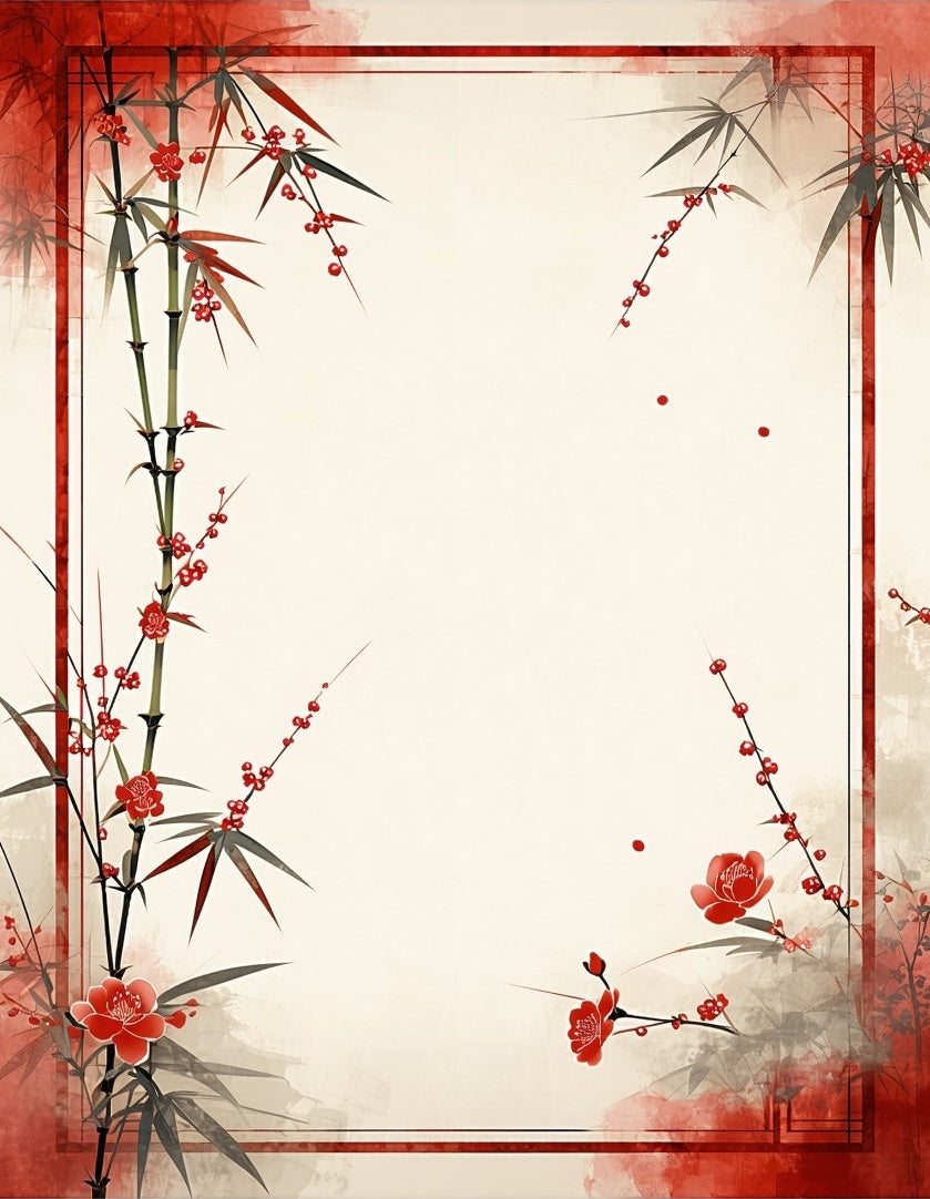 Red Bamboo Blossoms Traditional Rug