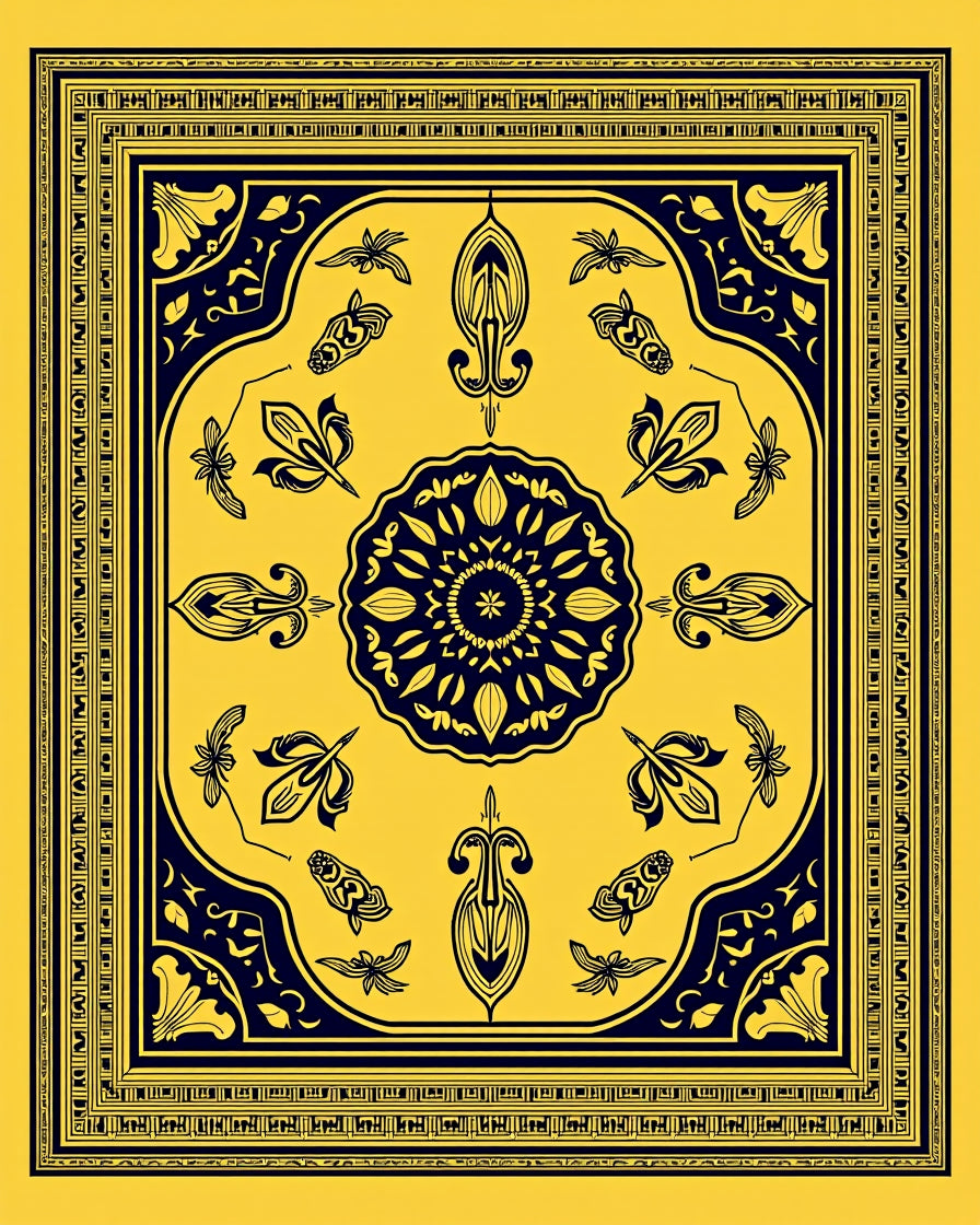 Intricate Yellow and Navy Floral Design Rug