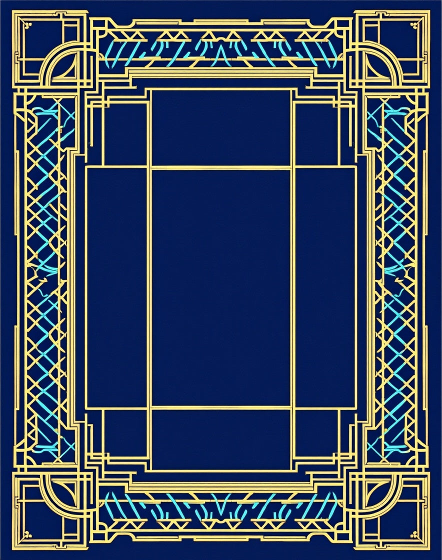 Art Deco Style Gold Blue Geometric Border Rug