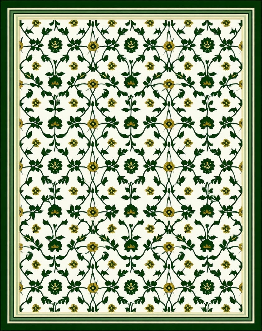 Ornate Green Floral Pattern Rug