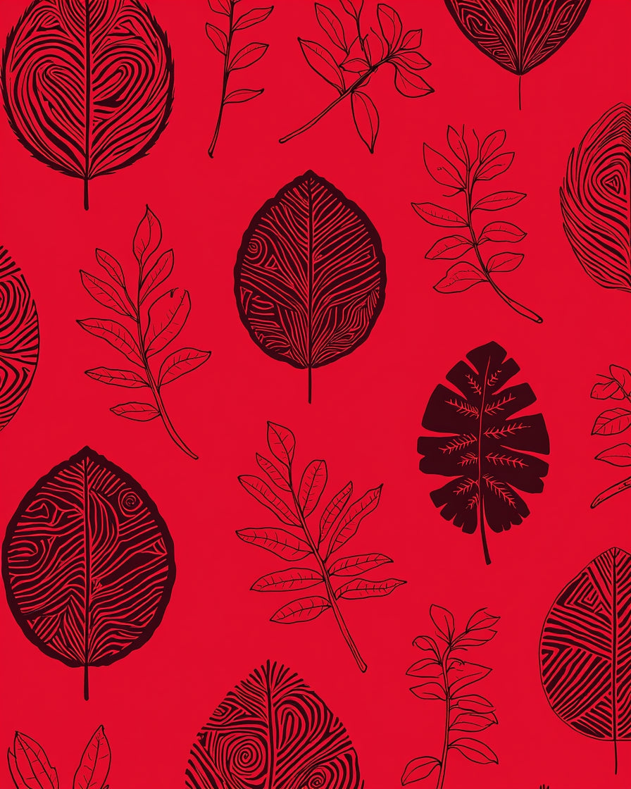 Bold Red Leaf Pattern Design Rug