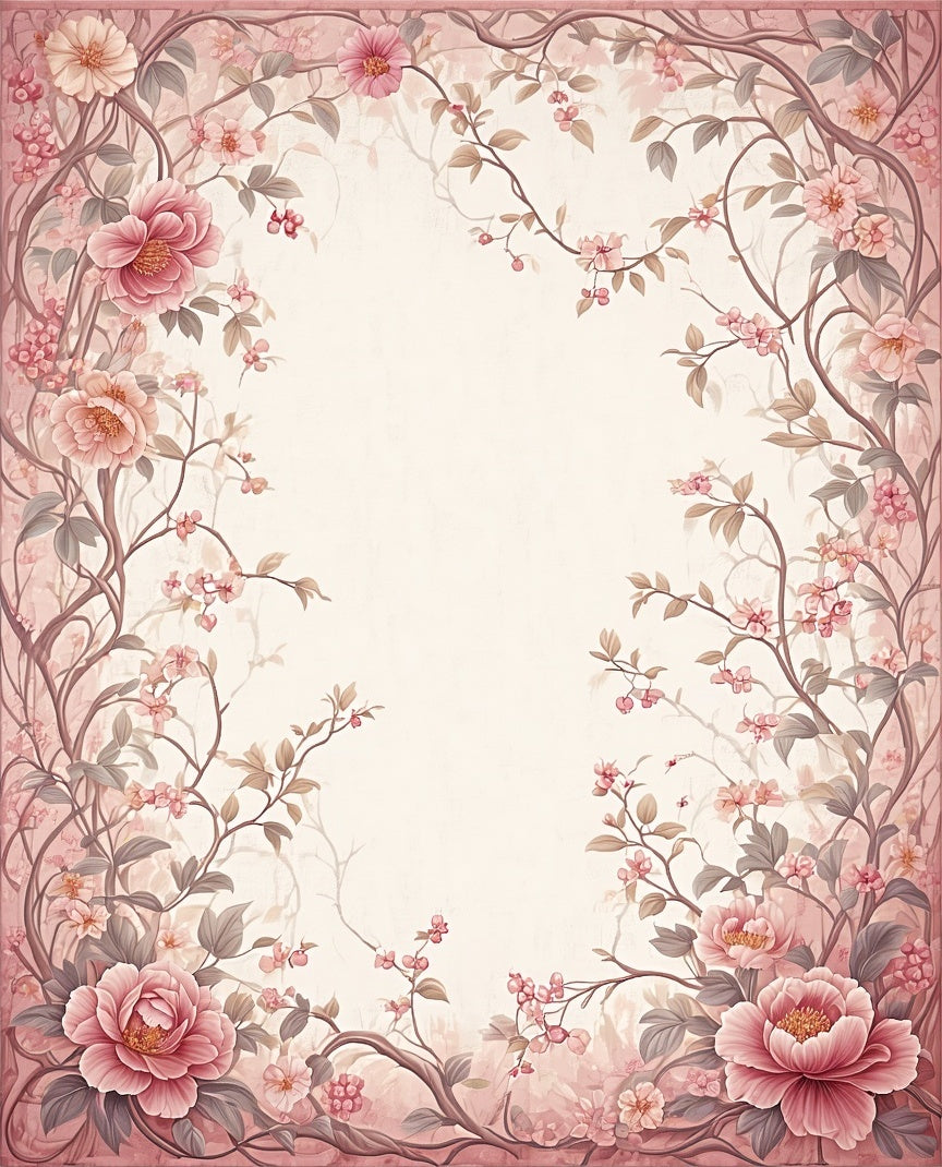 Romantic Pink Floral Vine Border Design Rug