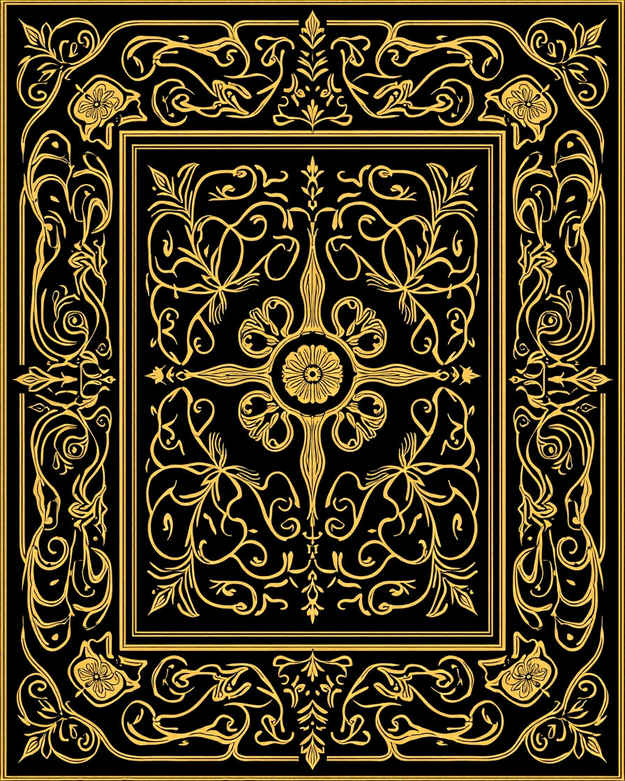 Elegant Black Gold Floral Ornament Rug