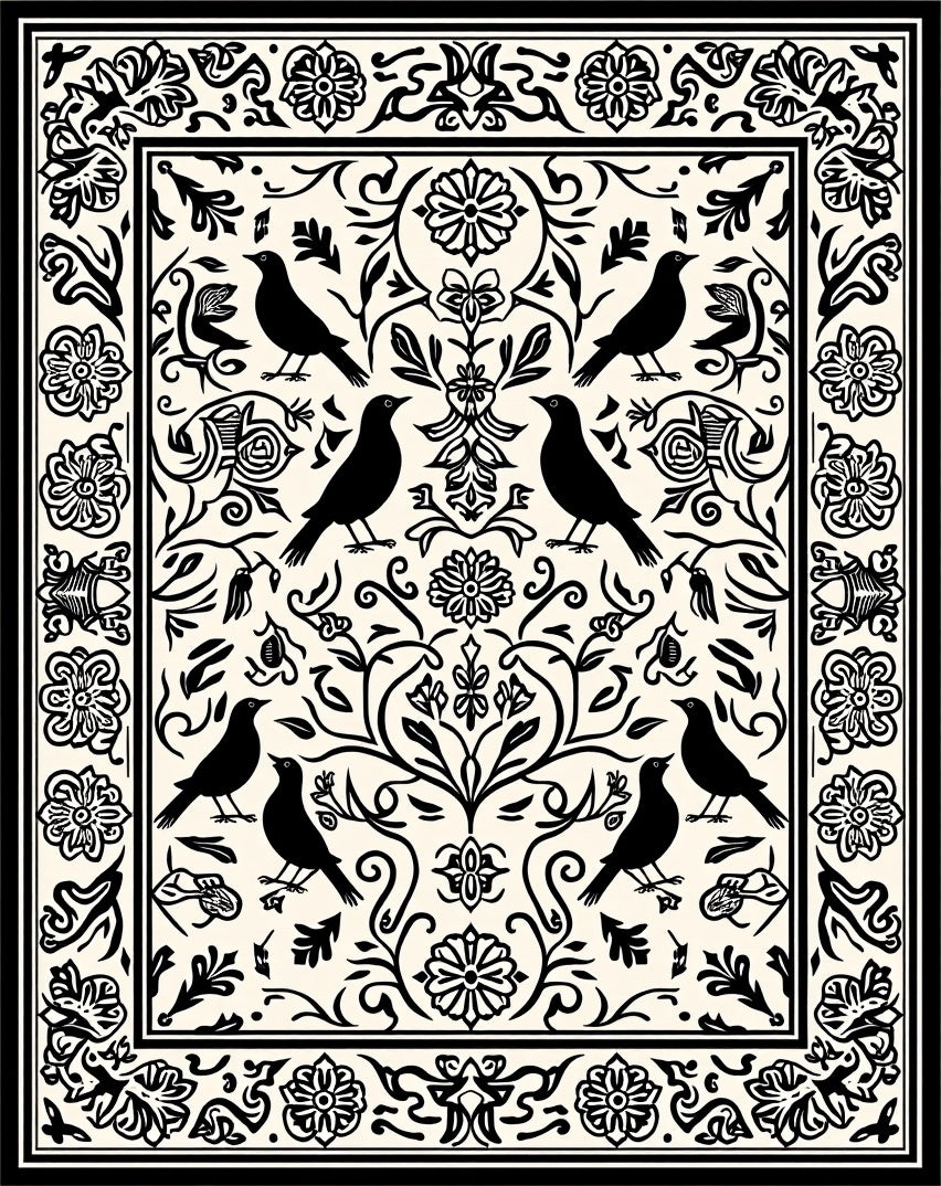 Birds And Floral Scrollwork Design Rug