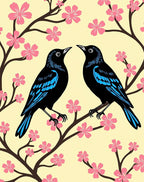 Black Birds Pink Blossom Pattern Rug