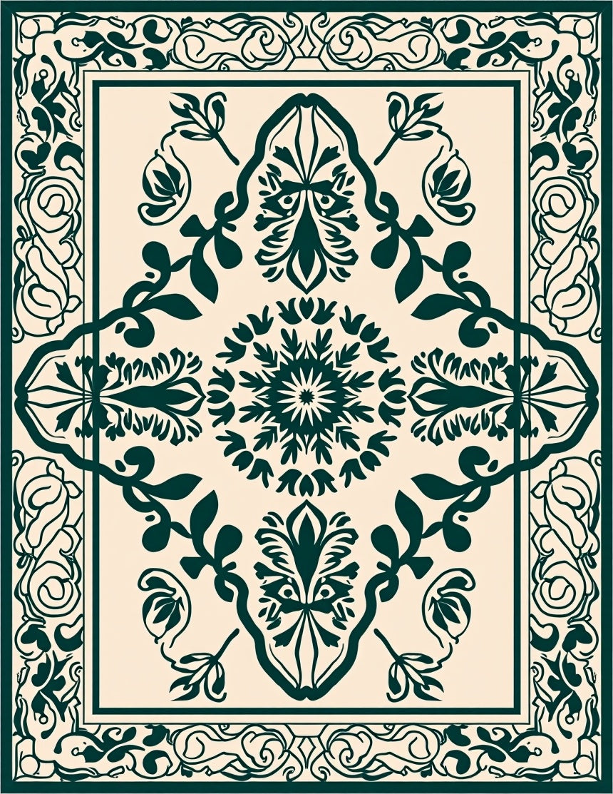 Deep Teal Floral Medallion Border Rug