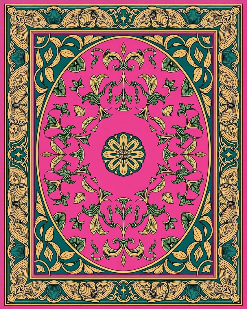 Vibrant Pink Floral Vine Border Rug