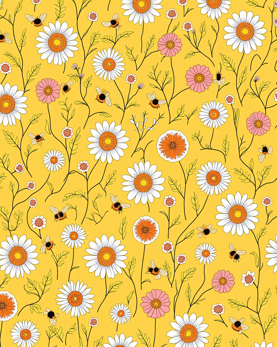 Sunny Yellow Daisy And Bee Pattern Rug