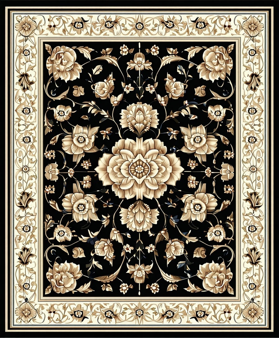 Classic Floral Motif Black Golden Rug