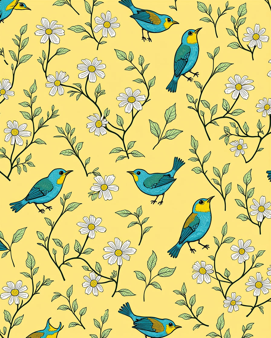 Whimsical Blue Birds Daisy Pattern Rug