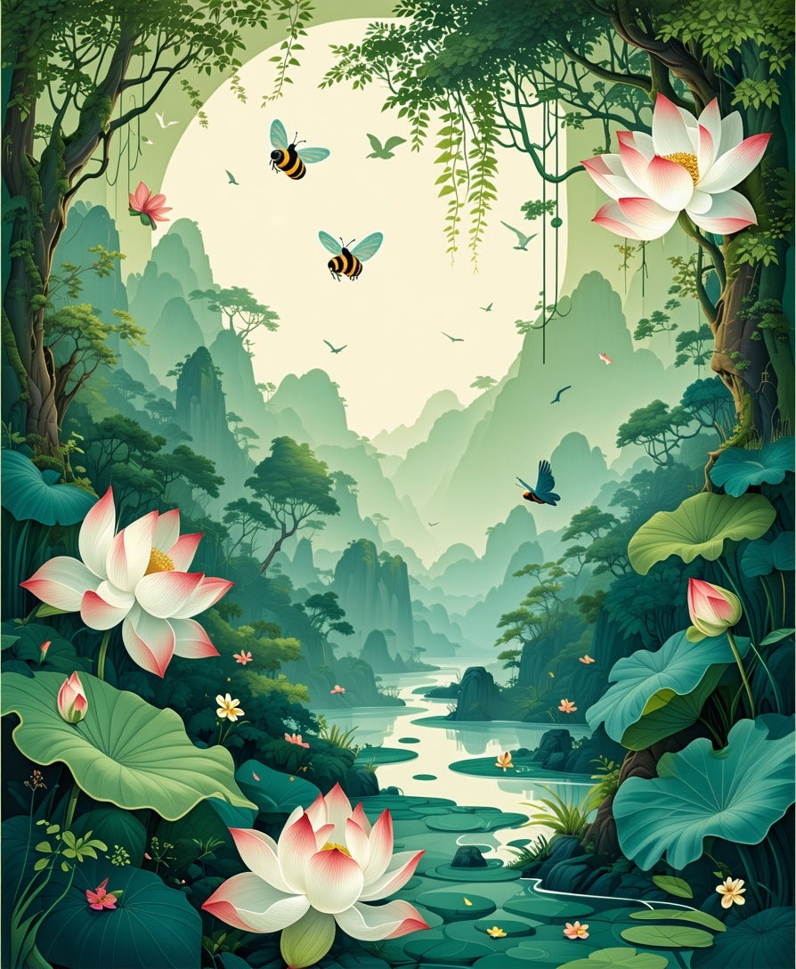 Dreamy Mountain Lotus Garden Scene Rug