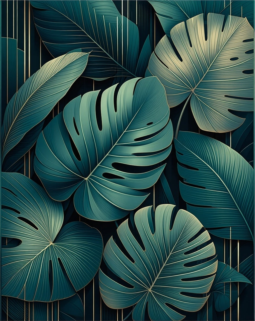 Tropical Green Leaf Vertical Lines Design Rug