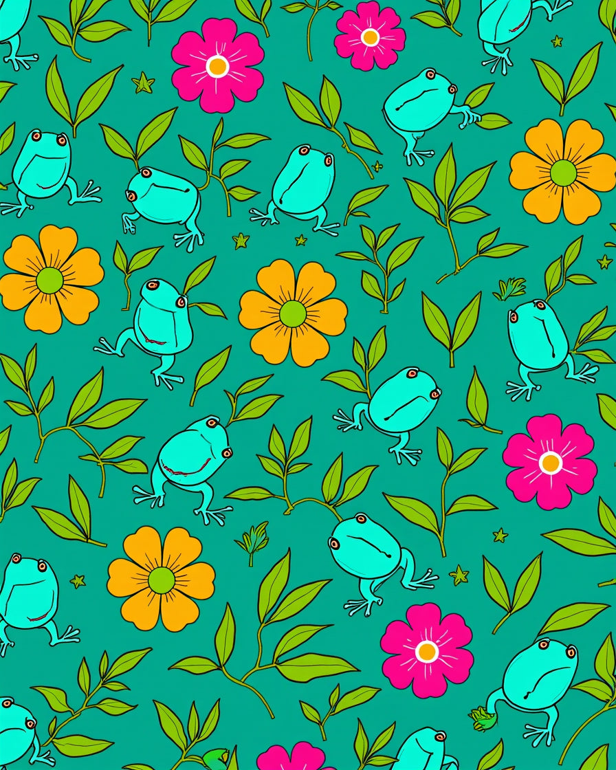 Frog Flower Patterned Whimsical Rug