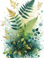Lush Green Gold Fern Botanical Watercolor Rug