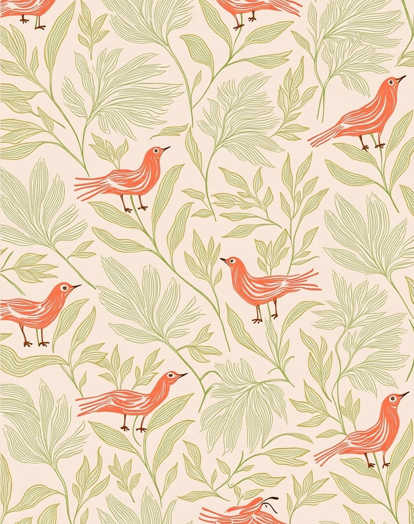 Coral Birds With Green Foliage Pattern Rug
