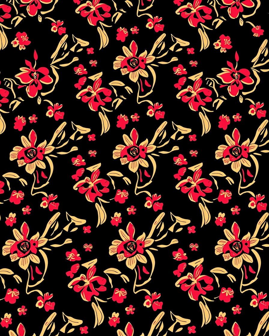 Red Yellow Floral Branches Pattern Rug