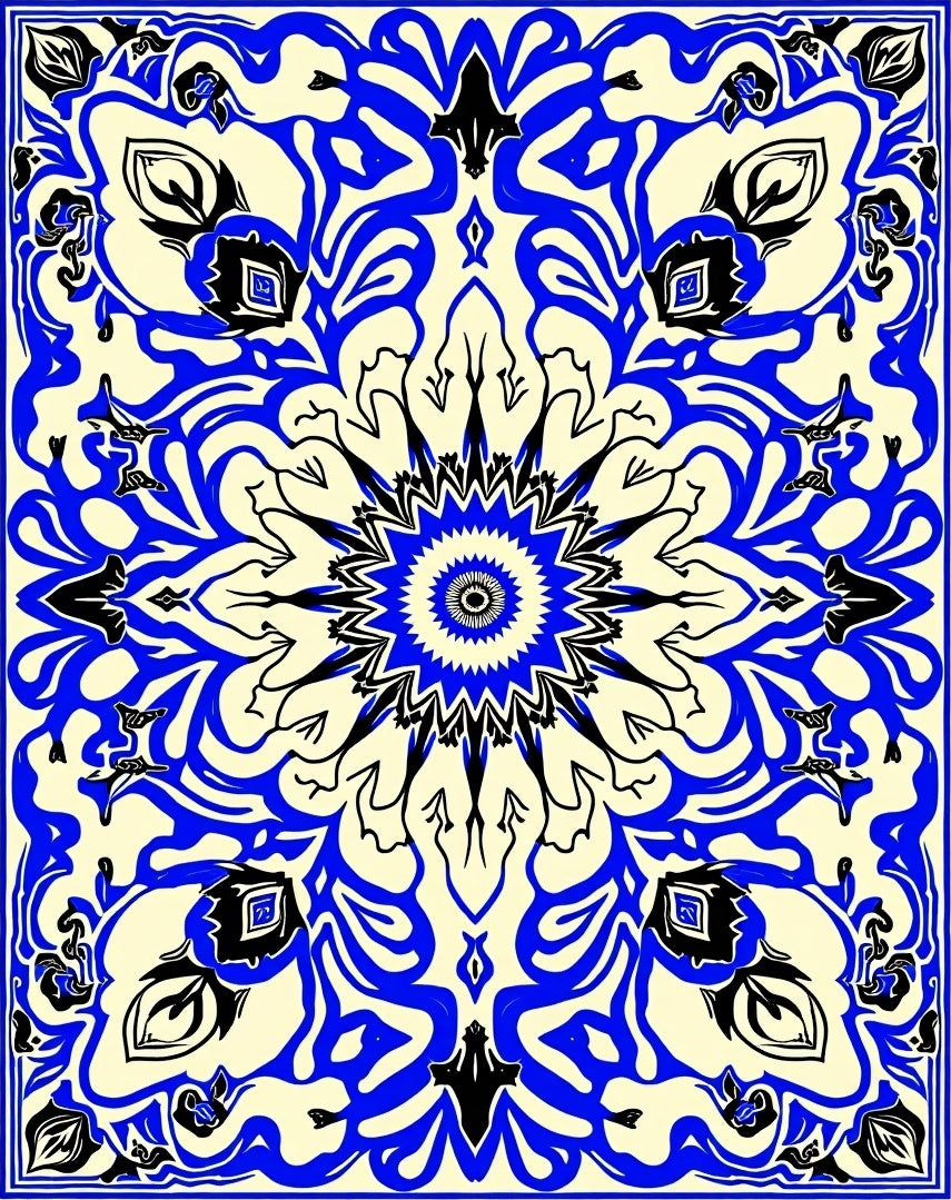 Bold Blue Black Floral Mandala Design Rug