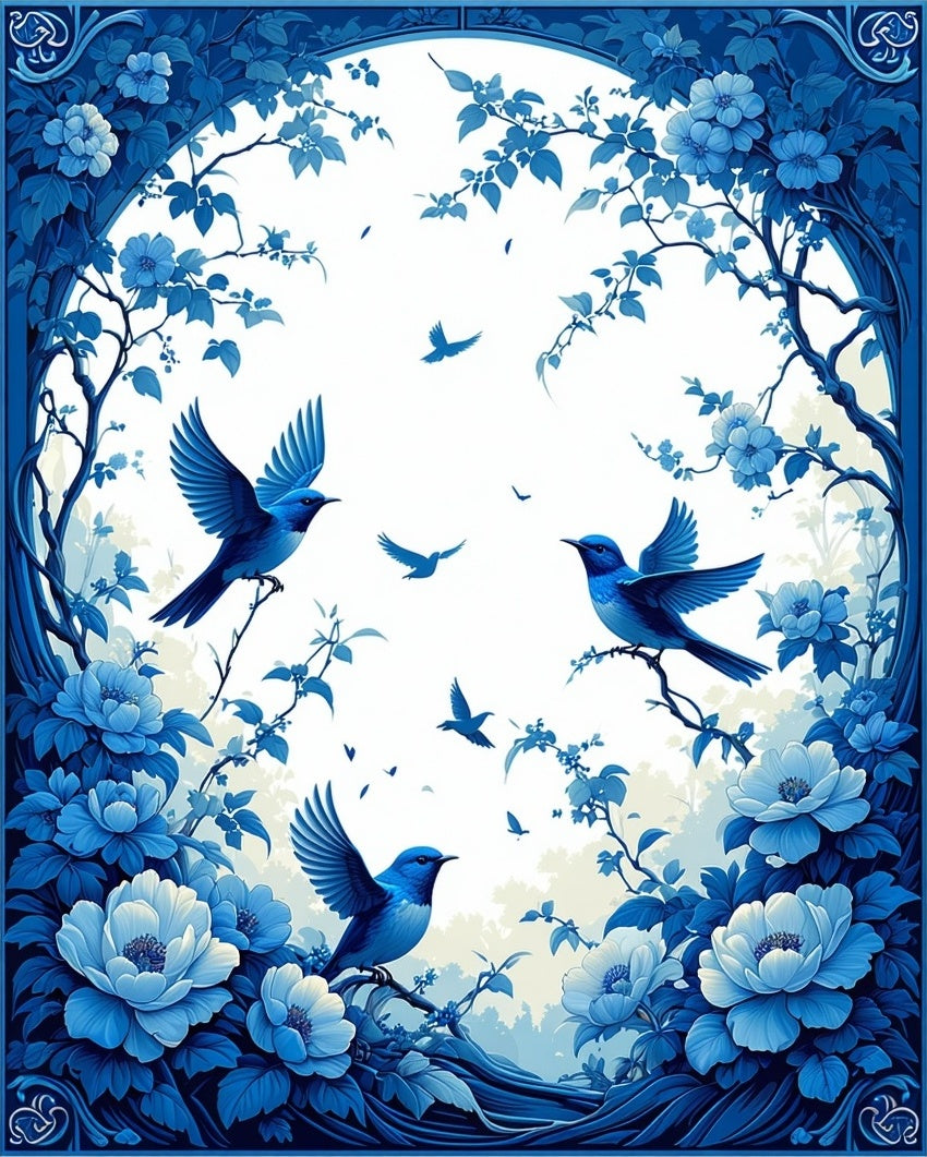 Bluebirds Peony Blossom Scenic Design Rug