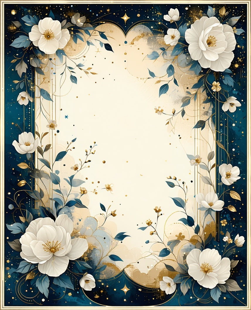 Elegant White Floral Blue Golden Accents Rug